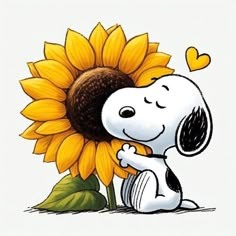 a cartoon snoopy hugging a sunflower with a heart on it's forehead