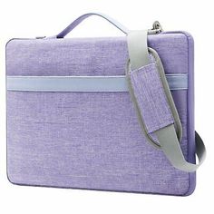 a purple laptop bag with grey straps