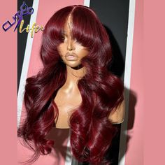 Pre Cut 4x4 Lace Closure Wig With Bangs Wear and Go Glueless Wig 99j Color Kinky Body Wave Wig  For Red Wig Layers, Red Wigs With Bangs, Red Bust Down Middle Part, Dark Red Sew In Weave Black Women, Red Hair With Bangs Black Women, Burgundy Bang Wig, Valentines Day Wig Hairstyles, Layered Curly Wig, Red Layered Hair With Bangs