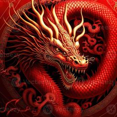 a red dragon with gold accents on it's head and tail, in front of a