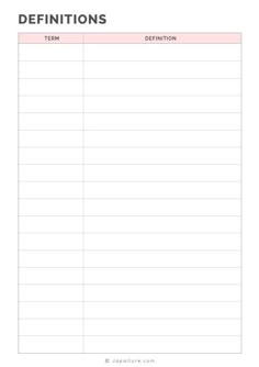 a printable sign up sheet with the words, definitions and term written on it