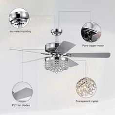 an image of a ceiling fan with crystal chandelier on the front and side