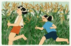 two women running through tall grass in front of some cornfields, one wearing blue and the other red