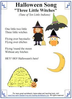 the halloween song for three little witches is shown in this printable activity book, which includes