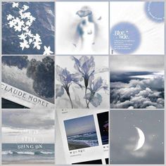 a collage of photos with clouds, flowers and moon in the sky above them