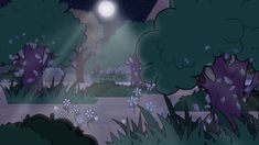 a cartoon scene with trees and flowers at night