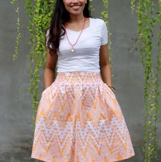 Be ready to stand out with this pastel skirt with special zigzag stripe and ikat print. They are actually batik skirts, depicting intricate bamboo shoots or pucuk rebung, a symbol of hope and life. So they are not a common chevron skirts. Made of manually screen printed cotton fabric, the silk print skirts are certainly meaningful skirts, if you will. Good symbolism aside, these are beautiful skirts for women and teens. These bamboo skirts are comfortable skirts, featuring a shirred waist band for easy fit, a roomy A-line silhouette, pleats, and two side pockets. The simple skirt will pair well with your other fashion items, accessories, and or jewelry.  At check out, choose your pastel dusty color:  - pastel blue skirt or pastel turquoise skirt - pastel orange skirt (sold out) Small to Pl Chevron Skirts, 1950 Style, Turquoise Skirt, Vintage Style Skirts, Pastel Skirt, Everyday Skirts, Batik Skirt, Print Skirts, Chevron Skirt