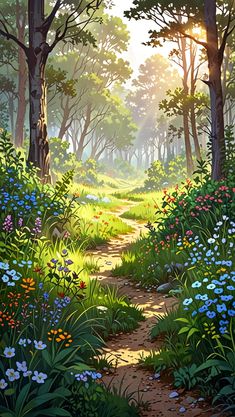 a painting of a path in the woods with wildflowers and trees on either side