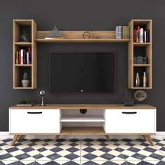 an entertainment center with bookshelves and a television on it's stand in front of a gray wall