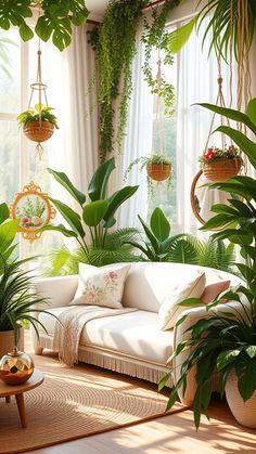 a living room filled with lots of plants and hanging planters above the couches