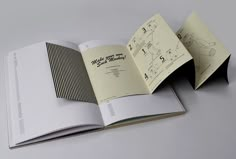 an open book with drawings and instructions on the pages, sitting on top of a table