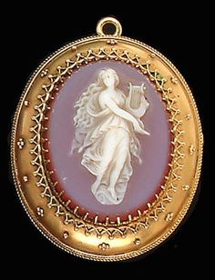 A 19th century cameo brooch, the oval-shaped hardstone cameo carved to depict with lady with flowing long hair holding a lyre, set within a frame with applied bead and scroll detailing, with a glazed compartment to the reverse, in a fitted case, Antique Cameo Jewelry, Vintage Jewelry Ideas, Hoop Skirt, Flowing Hair, Cute Engagement Rings, Cameo Jewelry, Vintage Cameo, Egyptian Revival, Carved Shell