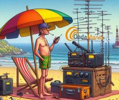 a man standing under an umbrella next to a radio set on the beach with other items