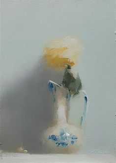 a painting of a white vase with blue and yellow accents