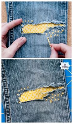 how to sew an old pair of jeans with yellow stitching on the side