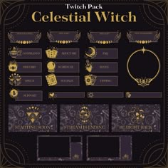 a black and gold poster with the words celestial witch written in different languages on it