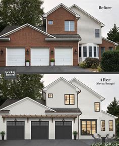 the before and after shots of a house with two garage doors on each side of it