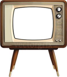 an old fashioned tv with wooden legs and a white screen on it's side