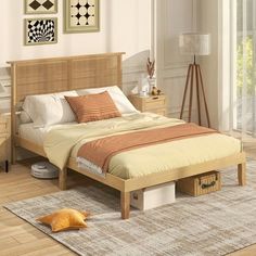 a bed room with a neatly made bed and two nightstands on either side of the bed