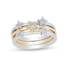 Enchanted Disney Tinkerbell 1/10 CT. T.W. Diamond Star Three Piece Stackable Band Set in Sterling Silver and 10K Gold Helzberg Diamonds, Stackable Bands, Diamond Cocktail Rings, Diamond Star, Tinker Bell