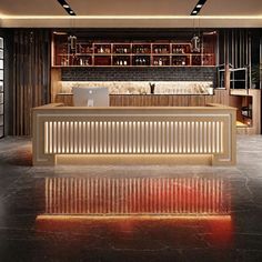 a modern bar with lights on the ceiling