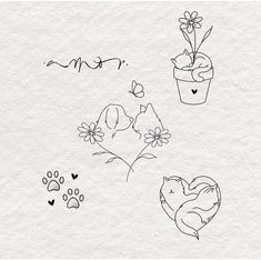 an ink drawing of cats and flowers on paper with hearts, paw prints, and butterflies