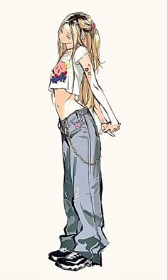 a drawing of a girl in jeans with her hand on her hip, and the text uploaded by em