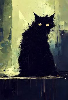 a painting of a black cat with yellow eyes sitting in front of a window sill