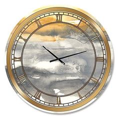 a clock that is on the side of a wall with clouds and water in it