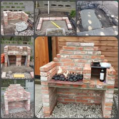 several pictures of an outdoor fire pit made out of bricks