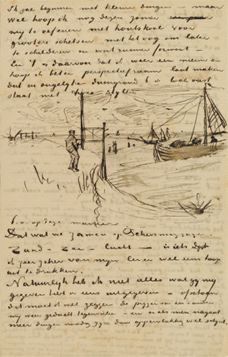 an old paper with writing on it and a boat in the water next to it