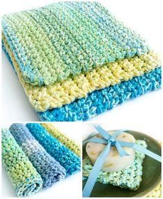 crocheted dishcloths with blue ribbon and green, yellow, and white colors