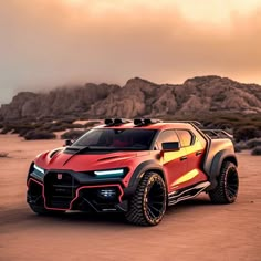 a red and black sports car in the desert