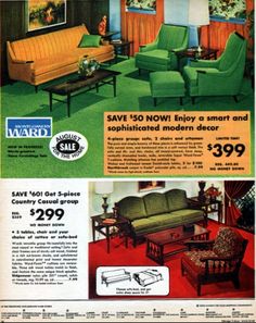 an advertisement for the furniture store with green and yellow chairs, couches and tables