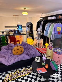 a bed room with a checkered floor and lots of stuff