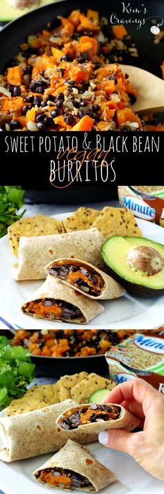 sweet potato and black bean burritos with avocado on the side are ready to be eaten