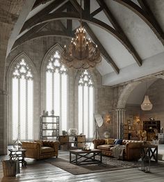 a large living room filled with lots of furniture and tall windows covered in light wood beams