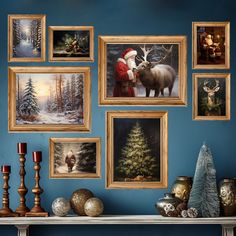 there are many pictures on the wall with santa claus and reindeers in them,