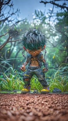 a digital painting of a young boy with green hair and piercings standing in the woods