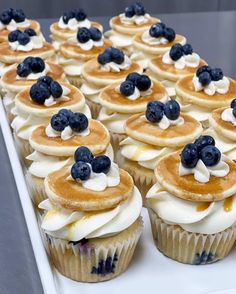 cupcakes with white frosting and blueberries are arranged on a platter