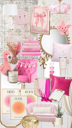 a collage of pink and gold items including a chair, mirror, lamp, pictures, and other accessories