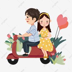 a man and woman riding on the back of a scooter with heart balloons