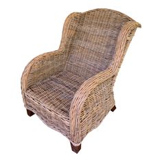 a wicker chair with wooden legs on a white background