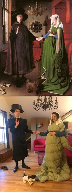 two pictures of people dressed in old fashioned clothing