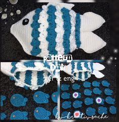 crocheted fish with blue and white stripes on it's body, sitting next to other items