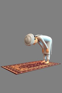 a cartoon character is bending over to pick something out of the ground on top of a rug