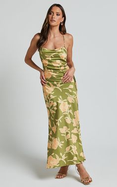 Aisling Midi Dress - Cowl Neck Satin Bias Midi Dress in Olive Summer Wedding Dress Guest, Olive Green Summer Dress, Light Green Dress, Green Summer Dresses, Grad Dresses, Midi Cocktail Dress, Dress Inspo, Beauty Queen, Summer Wedding Dress