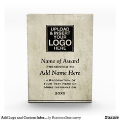 an award plaque is displayed on a white background with the words, upload and insert your logo here