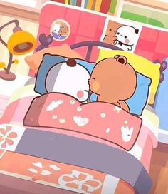 a cartoon bear is sleeping in his bed