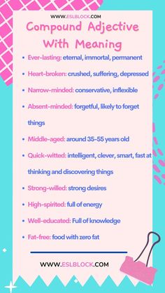 a pink and blue poster with the words compound adjective with meaning on it